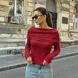 YESMYTOOL  -  Red Ribbed Long Sleeve T-shirts for Women Elegant Fashion Off The Shoulder Slim Tops Autumn Winter Sexy Christmas Tees 2024