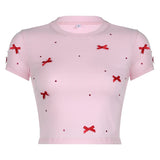 YESMYTOOL  -  Sweet Bow Kawaii Crop Top Women Round Neck Slim Korean Fashion Summer T-shirts Cute Coquette Baby Tees Y2K Pink Shirt