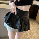 YESMYTOOL  -  Coquette Pleated Skirt Women Korean Fashion Preppy Style A-line Bow Lace Patchwork Faldas Mujer Cute Sexy Mini Skirt Y2k