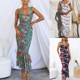 YESMYTOOL  -  Elastic Pleated Dresses for Summer Women' Dress 2024 New Sexy Hollow Out Ruffle Edge Casual Floral Print Maxi Strap Dress