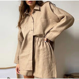 YESMYTOOL  -  Casual Cotton Linen Sets Commuter Single Breasted Loose Long Sleeve Shirt Shorts Suit Summer Vacation 2 Piece Set Women's Outfit