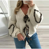 YESMYTOOL -  Fall Outfits 2024 Leopard Lace Up Cardigans Women Loose Long Lantern Sleeve V-neck Heart Print Patchwork Sweater 2024 Autumn Solid Female Knitwear