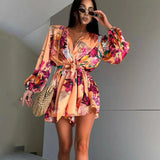 YESMYTOOL  -  V-Neck Flower Printing Jumpsuit Dress For Women Elegant Draped Lace Up Long Sleeves Elastic Waist Fashion Dress Playsuits