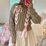 YESMYTOOL  -  Sweet Ribbon Criss-Cross Tie Up Sweater Girly Coquette Cable Knitted Pullovers Women Autumn Vintage Y2k Knitwear Jumpers Tops