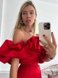 YESMYTOOL  -  Red Evening Party  Dresses Elegant Fashion Women's Slash Neck High Waist Tunics Bodycon Package Hip Short Beach Dress 2024 Y2K