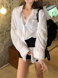 YESMYTOOL  -  Fashion New Solid White Shirts With Lace Bottoming Tees Summer Women Gentle New 2024 Office Lady Daily Loose Mujer Slim