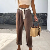 YESMYTOOL  -  Office Lady Elastic Waist Pocket Long Pants Vintage Loose Pleated Sports Trousers Summer Casual High Street Solid Straight Pants