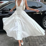 YESMYTOOL  - White V-neck Dress Elegant Strap Dresses Backless Long Vestidos Solid Color Ankle Length Skirt for Lady Party Street Engagement