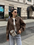 YESMYTOOL  -  Fashion Brown Short Woolen Jacket For Women Elegant Lapel Long Sleeves Zipper Cropped Coats Autumn Chic Lady High Street Outwear