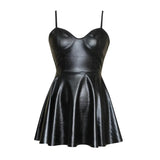 YESMYTOOL  -  Sexy PU Leather Black Deep V-Neck Dress A Line Blackless Mini Slim Strapless Skirts Pleated Strapless Bodycon Dresses For Women