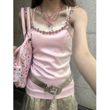 YESMYTOOL  -  Y2k Diamonds Pink Slim Tank Top 2024 New Sexy Sleeveless Solid Camis Shirt Kawaii Lolita Crop Top Casual Sling Shirts For Women