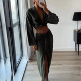 YESMYTOOL  - Vintage Office Lady Solid Women Suits Long Sleeve Bow Shirts Tops+Side Split Pleated long Skirts Fashion 2024 New Casual Sets