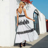 YESMYTOOL  -  white polka dot summer dress new strappy V-neck lace trim long women dress pleasted low back party dresses