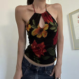 YESMYTOOL  -  American Retro Plant Flower Print Hanging Neck Hollow Small Tank Top for Women's 2024 Summer Spicy Girl Foreign Trade New Top