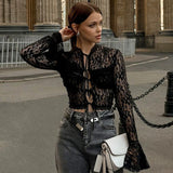 YESMYTOOL  -  Sexy Lace Up Cardigan T-Shirt Female See Through Lace Flare Sleeve T-shirt Top Hot Girl Slim Fit Solid Splice Short Top