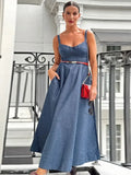 YESMYTOOL  - Vintage Blue Denim High Waist Maxi Dress Women Elegant Square Neck Loose Long Dresses 2024 Fashion Party Commute Streetwear Robe