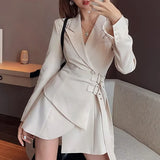 YESMYTOOL  - Women's Fashion Blazer Dress Winter New Style Mini Office Elegant Temperament Dress Korean Belt Women Long-sleeved White Dress