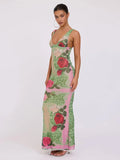 YESMYTOOL  -  Womens Deep V-neck Sleeveless Backless Evening Party Dresses Elegant Summer High Waist Floral Printed Bodycon Long Green Dress