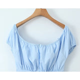 YESMYTOOL  -  New Women Vintage Puff Sleeve Square Neck Sky Blue Mini Dresses Sexy Low Waist Female Summer Robe Cotton