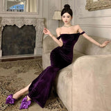 YESMYTOOL  -  Velvet Sleeveless Long One-piece Dress Gown Purple Women Elegant Party Maxi Dress