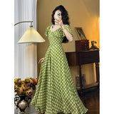 YESMYTOOL  -  Summer Party Dress Women Vintage Elegant Slim Lace V-Neck Green Plaid Long Dress High Waist Birthday Evening Party Midi Dress