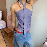 YESMYTOOL  -  Blue Stripe Printed Tie Design Button Up Crop Top Shirt Asymmetrical Tank Tops Y2k Korean Fashion Clothing