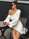 YESMYTOOL  -  Fashion Casual Lace-up Backless Long Sleeve Sweater Dress Women's Autumn Hollow Out Knitting Short Holiday Party White Dresses