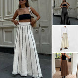 YESMYTOOL  -  Striped Tassel Knitted Long Skirt Elegant Party 2024 Autumn New High Strecth Casual A-line Skirts Office Lady Streetwear