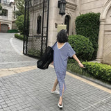 YESMYTOOL  -  l Blue Striped Knitted Dress for Women's Summer New Loose Casual Long Knee Length V-neck Dresses Female Clothing