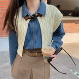 YESMYTOOL  -  High Street Vintage Denim Shirts With Knitted Cardigans Vest Spring 2024 Loose Chic New Slim Casual Daily Office Lady