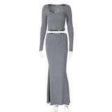 YESMYTOOL  -  Gray Slim Skirt Sets Women Fashion Long Sleeve T-shirt and Maxi Skirt Outfits Autumn Winter Casual Party Two Piece Set 2024