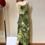 YESMYTOOL  -  Fashion Strap Flowers Printing Green Long Dress Vacation Mesh Spliced Frills Vintage Tie Dye Summer Dress Women Party