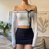 YESMYTOOL  -   Fashion Chic Bow Skinny Crop Tops Off Shoulder Ruched Streetwear Bow Frills Party Women's T-shirts Spring Korean Cute