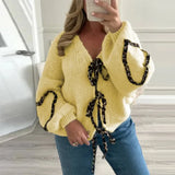 YESMYTOOL -  Fall Outfits 2024 Leopard Lace Up Cardigans Women Loose Long Lantern Sleeve V-neck Heart Print Patchwork Sweater 2024 Autumn Solid Female Knitwear