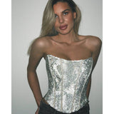 YESMYTOOL  - Silver Sparkling Busiter Corset Top Club Wear Sexy Backless Bandage Crop Tops for Womens 2024 Y2k Tube Tops