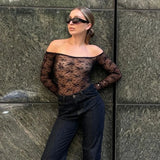 YESMYTOOL  -  Lace Bodysuit Body Sexy Top Off Shoulder Long Sleeve Bodysuit Skinny Summer Sheer Bodysuits See Through Black Bodysuit for Women