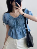 YESMYTOOL  -  Summer Women Vintage Sweet Blue Ruffle Edge Pleated Lace-up Denim Tops Streetwear Korean Fashion Short Sleeve Jean T-shirt Trend