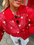 YESMYTOOL  -  Red Sweet Handmade Hearts Spliced Knit Sweater Fashion Lapel V Neck Long Lantern Sleeves Jumper Women Autumn Elegant Streetwear