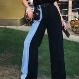 YESMYTOOL  - 2024 Summer New Black Blue Patchwork High Waist Split Jeans Fashion Baggy Straight Long Denim Pants Casual Women's Trousers