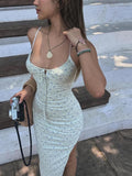 YESMYTOOL  -  Summer Floral Dress Women Sexy Spaghetti Strap Elegant Midi Dresses Slim Split Holiday Sundress Streetwear Fashion