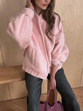 YESMYTOOL  -  Woman Fashion Loose Pink Warm Coats 2024 Autumn New Casual Oversized Bomber Jacket Girls Vintage Thick Warm Outwear