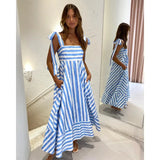 YESMYTOOL  -  Holiday Striped Casual Beach Long Dress for Women New Fashion Printing Sweet Lace Up Big Swing Dress Maxi Dresses Summer 2024