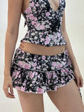 YESMYTOOL  -  Floral Halter Tank Top A-Line Ruffles Mini Skirt Set Women Open Back Vest Short Skirt Slim Y2K Outfit Hottie Streetwear