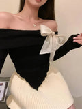 YESMYTOOL  -  Neck Off-shoulder Irregular Bow Long Sleeve Tops 2024 New Summer Women's Korean Sexy Elegant Fashion Casual T-shirts Top