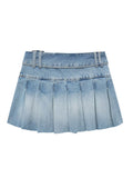 YESMYTOOL  -  Denim Pleated Skirt For Women Belt Mid Waist Burrs Design Casual Fashion Blue A-line Mini Skirts Summer 2024 New Trendy XX321