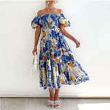 YESMYTOOL  -   Elegant Flower Print Dresses Summer Women Dress New Slash Neck Elastic High Waist Short Puff Sleeve A-line Midi Dress