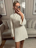 YESMYTOOL  -  Fashion Glitter Sequins Mini Dress Elegant Women Bow O-neck Long Sleeve Loose Party Gown Female Chic Evening Prom Vestido