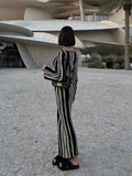 YESMYTOOL  -  Women Chic Striped Printed Knitted O-neck Dresses Elegant Contrasting Color Long Sleeve Bodycon Dress 2024 Lady Party Streetwear