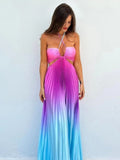 YESMYTOOL  -  New Summer Gradient Halter Pleated Long Dress Sexy Off Shoulder Backless Wrap Chest Sundress Women's Beach Vacation Dress