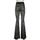 YESMYTOOL  -  Fashion Black Skinny Lace Trousers Full Length Solid Transparent Sexy Party Thin Flared Pants Vintage Elegant Bottoms